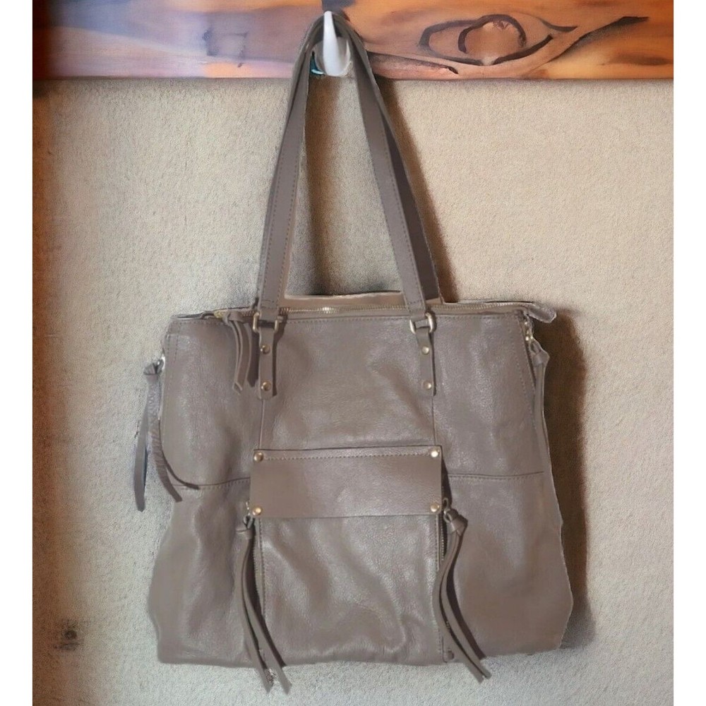KOOBA Everette Beige Large Leather Satchel Tote Bag Gold Tone Hardware